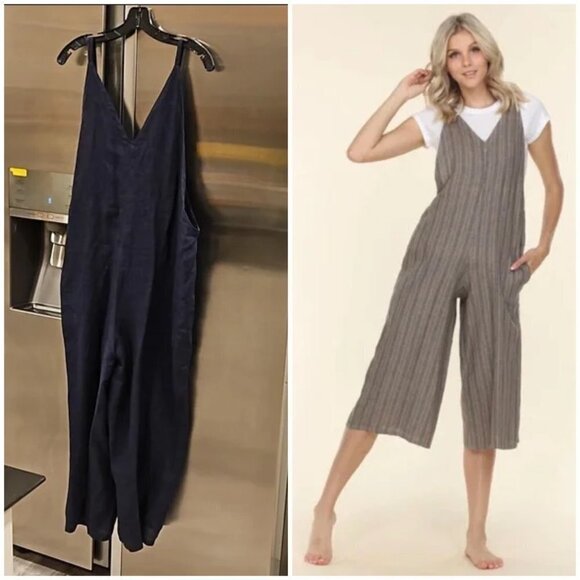 💕FRESH LAUNDRY💕 100% Linen Cropped Wide Leg Jumpsuit Blue Large *Flawed* NWOT